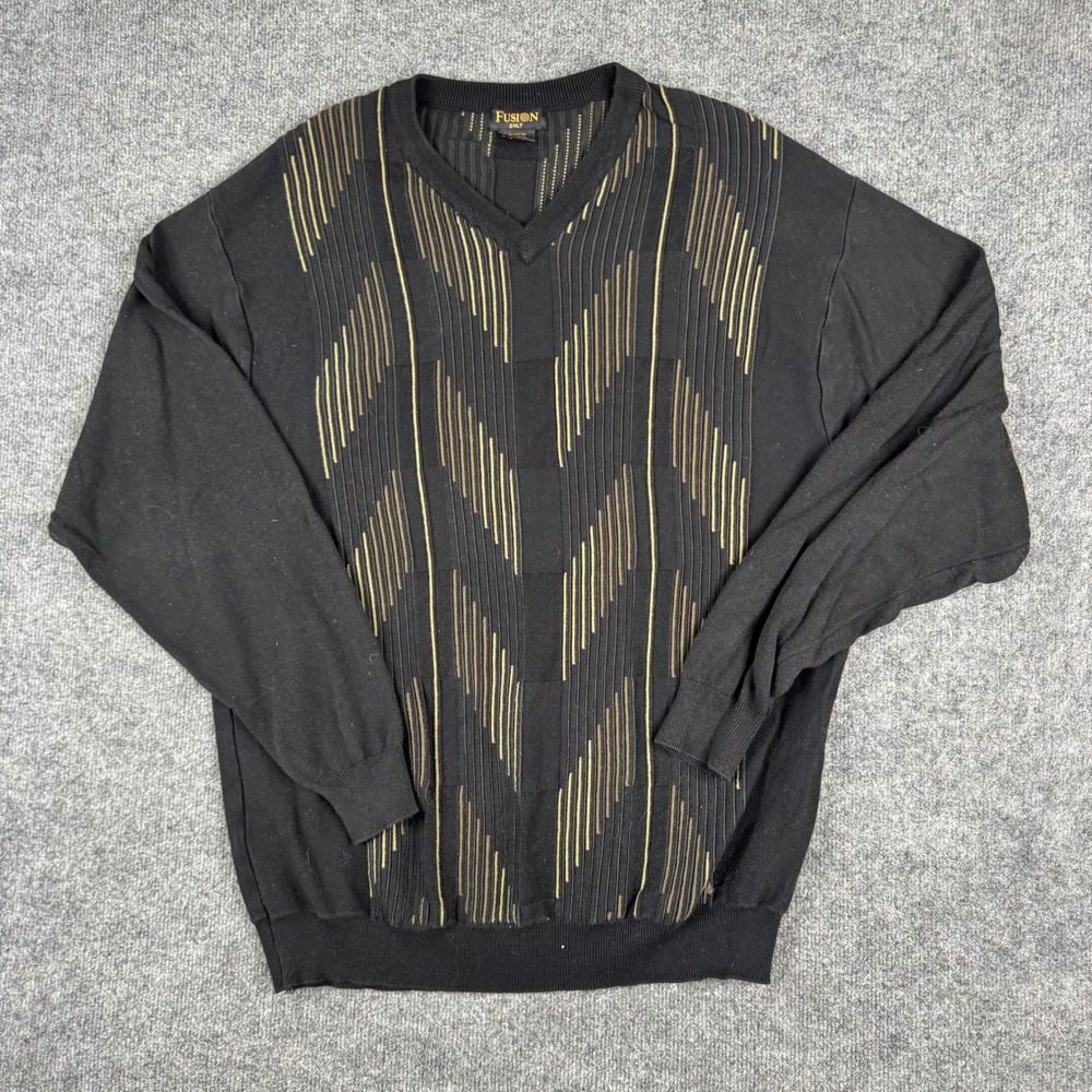 Fusion Sweater Mens Size 2XL Tall Black Gold Geometric V-Neck Knit Pullover